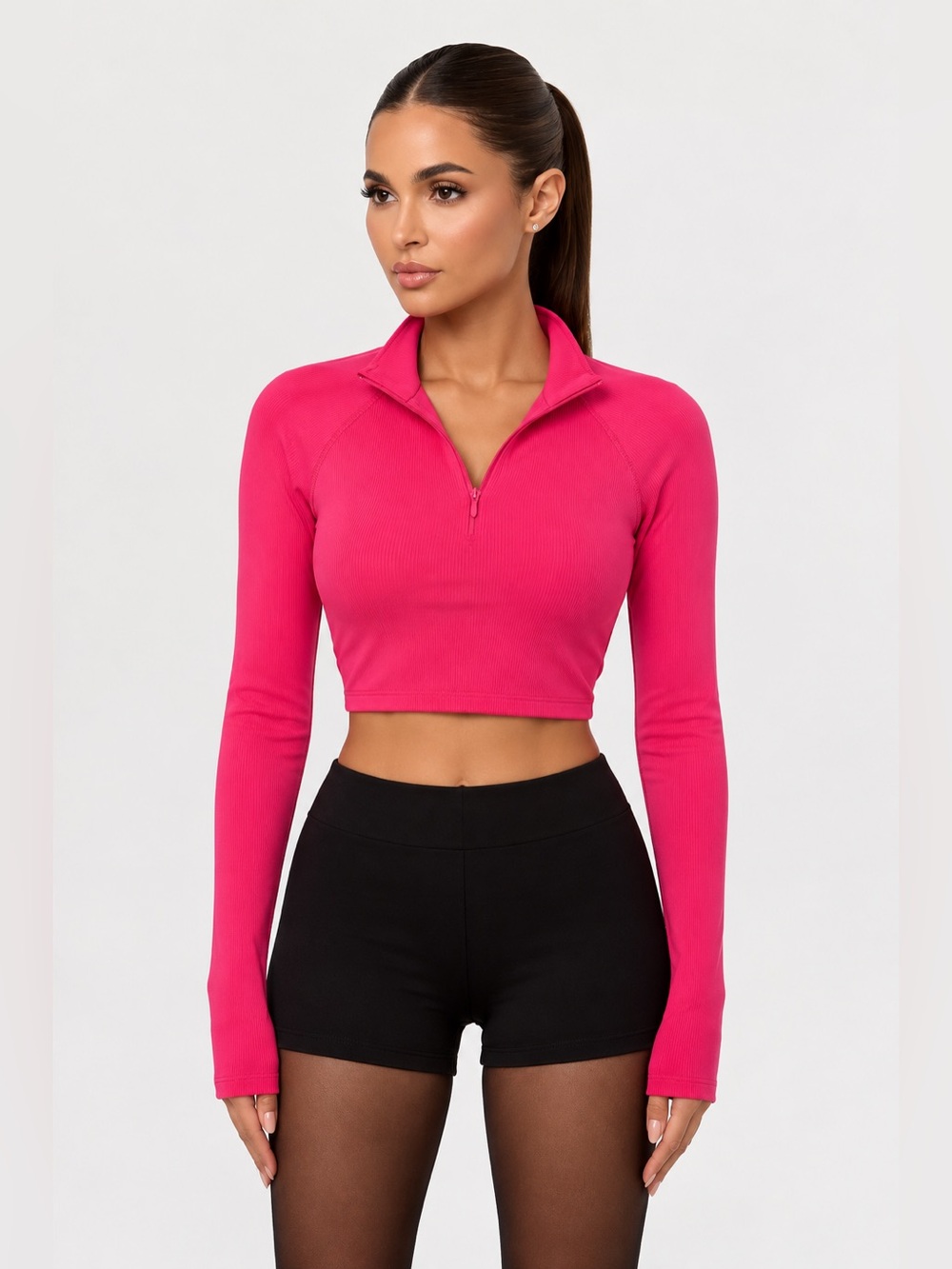 NAKED WARDROBE Cropped Half-Zip Long Sleeve Top